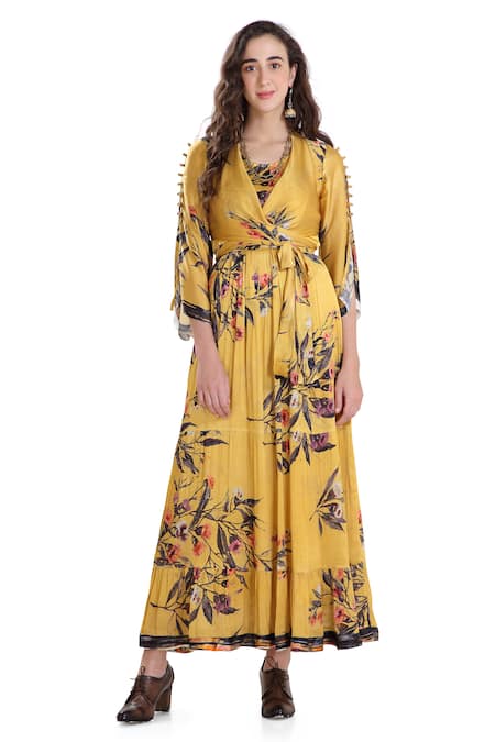 Whimsical By Shica Yellow Crinkle Silk Chiffon V Neck Printed Maxi Dress 