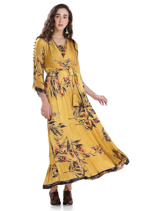 Shop_Whimsical By Shica_Yellow Crinkle Silk Chiffon V Neck Printed Maxi Dress _at_Aza_Fashions