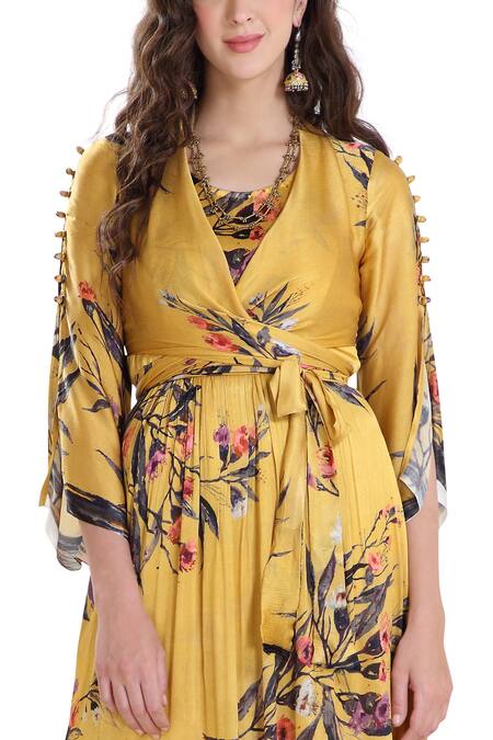 Whimsical By Shica Yellow Crinkle Silk Chiffon V Neck Printed Maxi Dress Online at Aza Fashions Whimsical By Shica_Yellow Crinkle Silk Chiffon V Neck Printed Maxi Dress _Online_at_Aza_Fashions