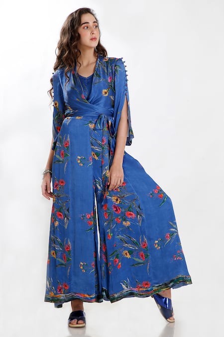 Shop Whimsical By Shica Blue Silk Organza Round Printed Jumpsuit at Aza Fashions Shop_Whimsical By Shica_Blue Silk Organza Round Printed Jumpsuit _at_Aza_Fashions