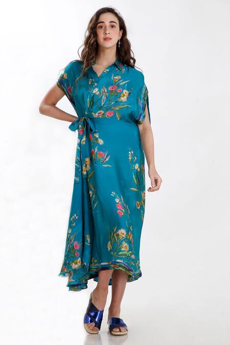 Whimsical By Shica Blue Silk Organza Spread Collar Printed Dress Online at Aza Fashions Whimsical By Shica_Blue Silk Organza Spread Collar Printed Dress _Online_at_Aza_Fashions