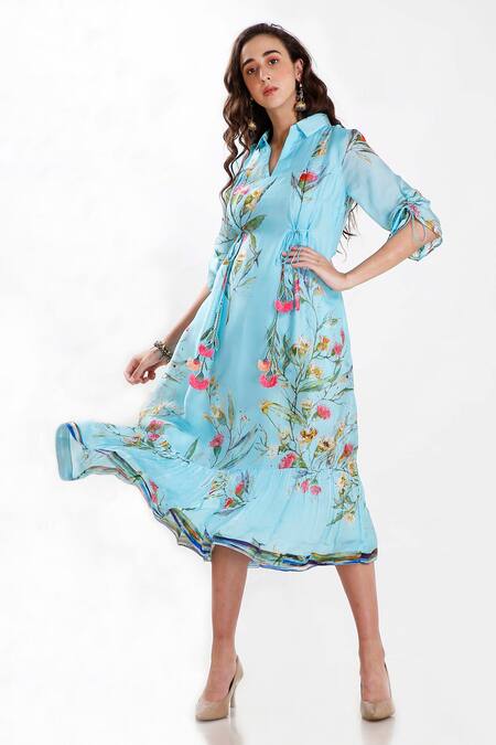 Buy Whimsical By Shica Blue Silk Organza Spread Collar Printed Dress Online at Aza Fashions Buy_Whimsical By Shica_Blue Silk Organza Spread Collar Printed Dress _Online_at_Aza_Fashions