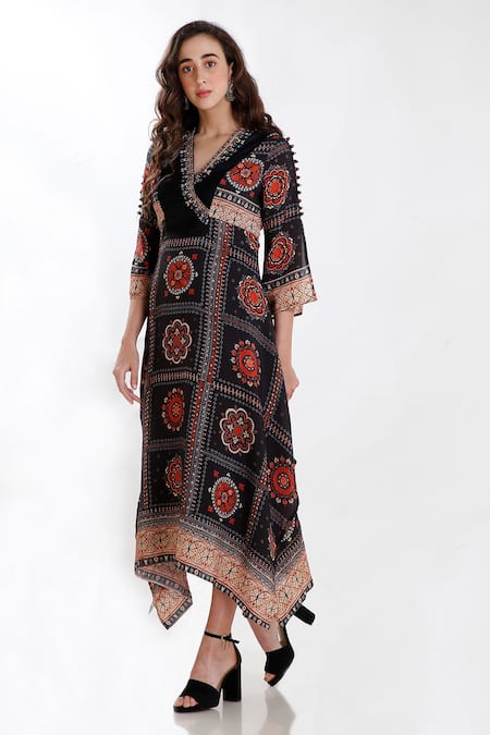 Shop Whimsical By Shica Black Cotton Silk V Neck Printed Asymmetric Dress at Aza Fashions Shop_Whimsical By Shica_Black Cotton Silk V Neck Printed Asymmetric Dress _at_Aza_Fashions