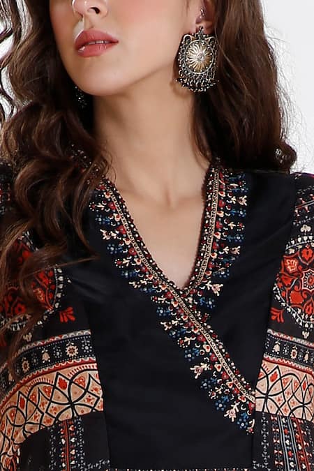 Whimsical By Shica Black Cotton Silk V Neck Printed Asymmetric Dress Online at Aza Fashions Whimsical By Shica_Black Cotton Silk V Neck Printed Asymmetric Dress _Online_at_Aza_Fashions