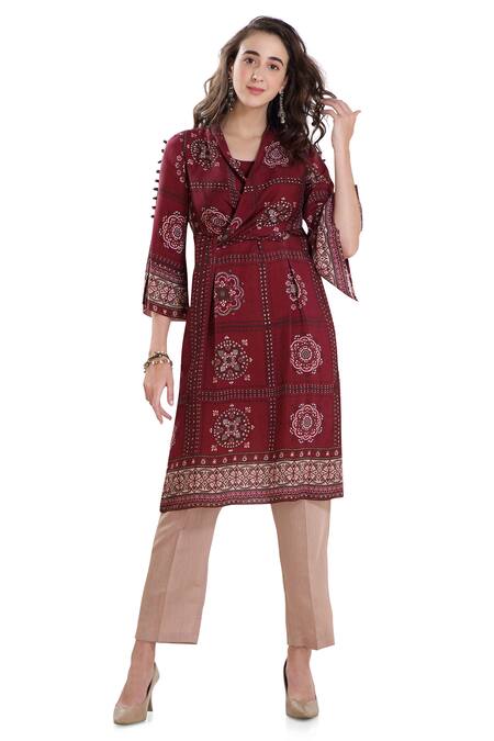 Whimsical By Shica_Maroon Cotton Silk V Neck Printed Tunic _Online_at_Aza_Fashions