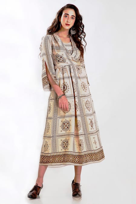 Shop Whimsical By Shica Beige Cotton Silk V Neck Printed Midi Dress at Aza Fashions Shop_Whimsical By Shica_Beige Cotton Silk V Neck Printed Midi Dress _at_Aza_Fashions
