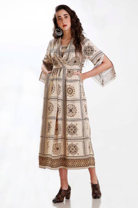 Whimsical By Shica Beige Cotton Silk V Neck Printed Midi Dress Online at Aza Fashions Whimsical By Shica_Beige Cotton Silk V Neck Printed Midi Dress _Online_at_Aza_Fashions