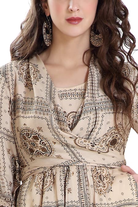 Shop Whimsical By Shica Beige Cotton Silk V Neck Printed Midi Dress Online at Aza Fashions Shop_Whimsical By Shica_Beige Cotton Silk V Neck Printed Midi Dress _Online_at_Aza_Fashions