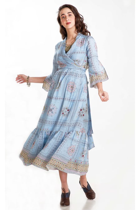 Shop Whimsical By Shica Blue Cotton Silk V Neck Printed Midi Dress at Aza Fashions Shop_Whimsical By Shica_Blue Cotton Silk V Neck Printed Midi Dress _at_Aza_Fashions