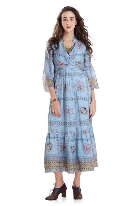Whimsical By Shica_Blue Cotton Silk V Neck Printed Midi Dress _Online_at_Aza_Fashions
