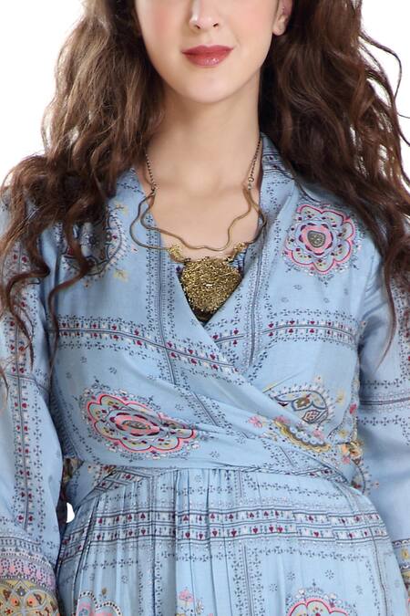 Buy Whimsical By Shica Blue Cotton Silk V Neck Printed Midi Dress Online at Aza Fashions Buy_Whimsical By Shica_Blue Cotton Silk V Neck Printed Midi Dress _Online_at_Aza_Fashions