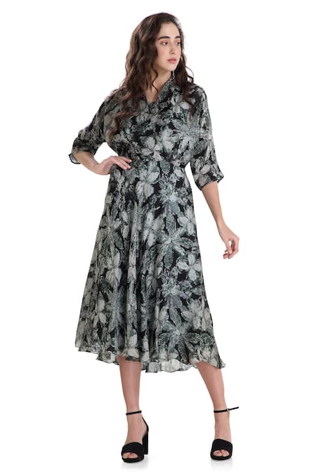 Shop_Whimsical By Shica_Black Cotton Silk V Neck Organza Printed Dress _at_Aza_Fashions