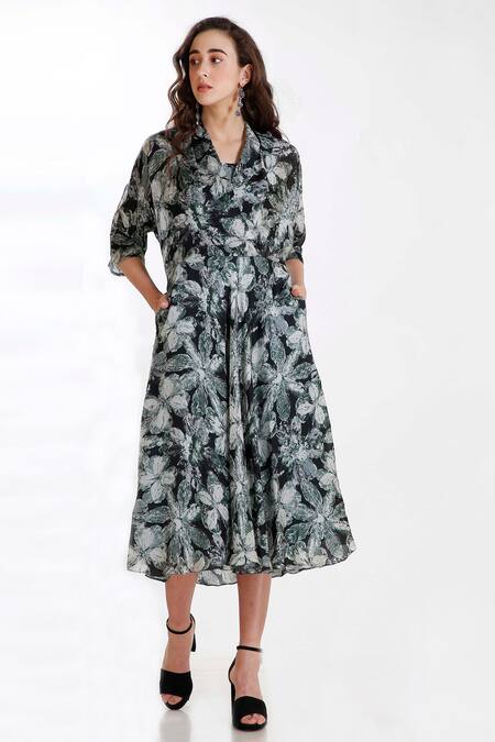 Whimsical By Shica Black Cotton Silk V Neck Organza Printed Dress Online at Aza Fashions Whimsical By Shica_Black Cotton Silk V Neck Organza Printed Dress _Online_at_Aza_Fashions