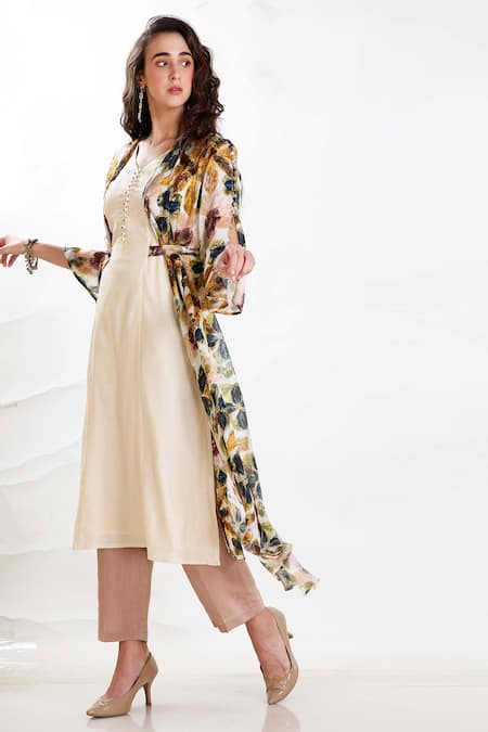 Shop Whimsical By Shica Beige Silk Organza V Neck Printed Dress at Aza Fashions Shop_Whimsical By Shica_Beige Silk Organza V Neck Printed Dress _at_Aza_Fashions