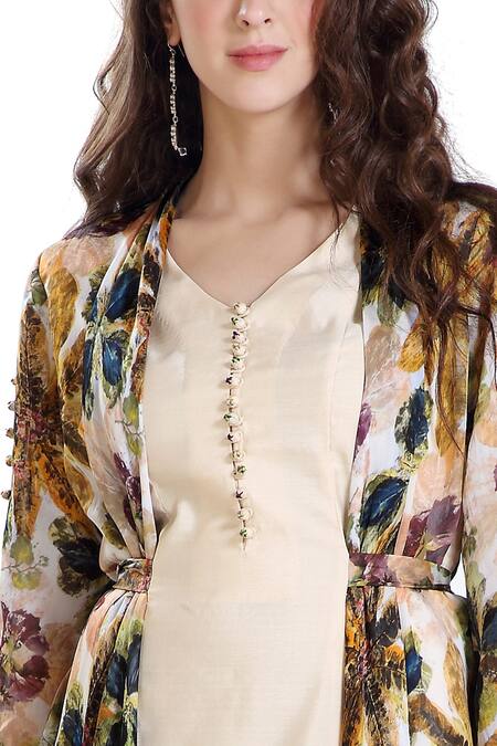 Shop Whimsical By Shica Beige Silk Organza V Neck Printed Dress Online at Aza Fashions Shop_Whimsical By Shica_Beige Silk Organza V Neck Printed Dress _Online_at_Aza_Fashions