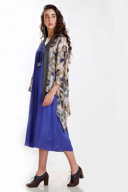 Shop Whimsical By Shica Blue Silk Organza V Neck Dress With Jacket at Aza Fashions Shop_Whimsical By Shica_Blue Silk Organza V Neck Dress With Jacket _at_Aza_Fashions