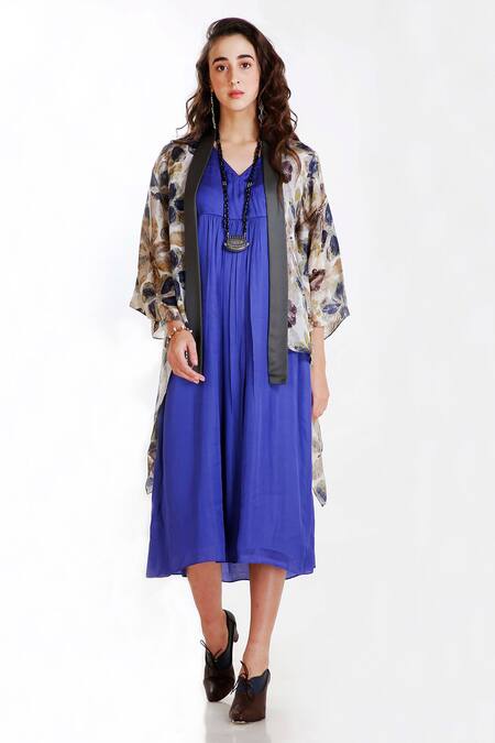 Whimsical By Shica Blue Silk Organza V Neck Dress With Jacket Online at Aza Fashions Whimsical By Shica_Blue Silk Organza V Neck Dress With Jacket _Online_at_Aza_Fashions