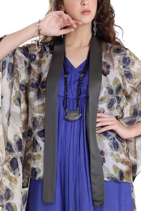 Shop Whimsical By Shica Blue Silk Organza V Neck Dress With Jacket Online at Aza Fashions Shop_Whimsical By Shica_Blue Silk Organza V Neck Dress With Jacket _Online_at_Aza_Fashions