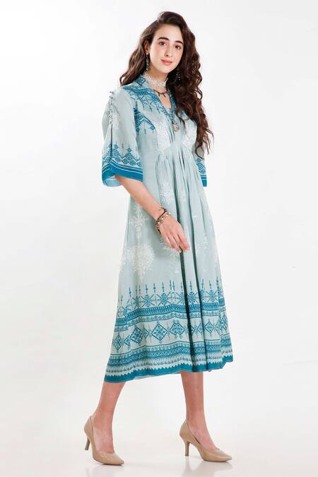 Whimsical By Shica Blue Cotton Silk V Neck Printed Midi Dress Online at Aza Fashions Whimsical By Shica_Blue Cotton Silk V Neck Printed Midi Dress _Online_at_Aza_Fashions