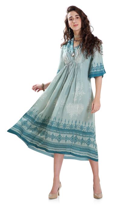 Buy_Whimsical By Shica_Blue Cotton Silk V Neck Printed Midi Dress _Online_at_Aza_Fashions