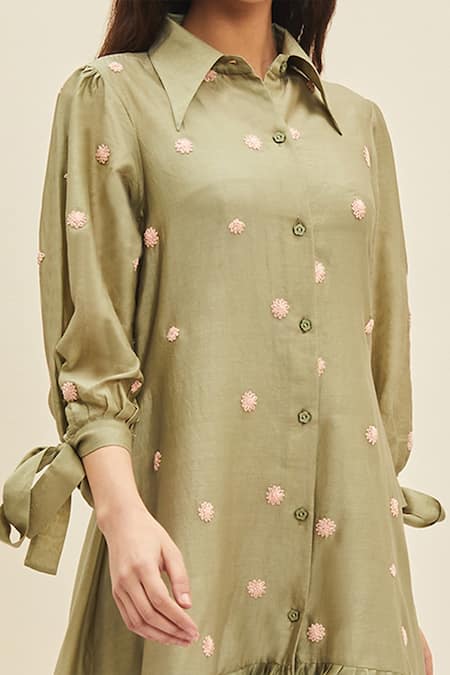 Buy Green Silk Embroidered Floral Shirt Collar Willow Dress For Women by  Meadow Online at Aza Fashions.