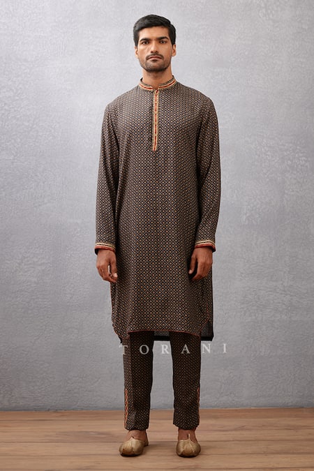 Torani_Black Slub Silk Floral Gulghast Rehan Printed Bundi And Kurta Set  _Online_at_Aza_Fashions
