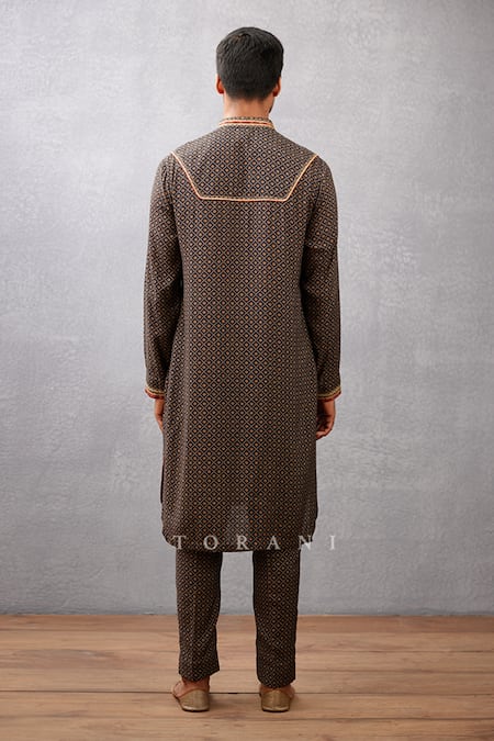 Buy_Torani_Black Slub Silk Floral Gulghast Rehan Printed Bundi And Kurta Set  _Online_at_Aza_Fashions