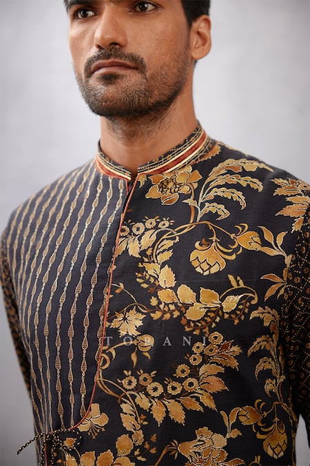 Shop_Torani_Black Slub Silk Floral Gulghast Rehan Printed Bundi And Kurta Set  _Online_at_Aza_Fashions