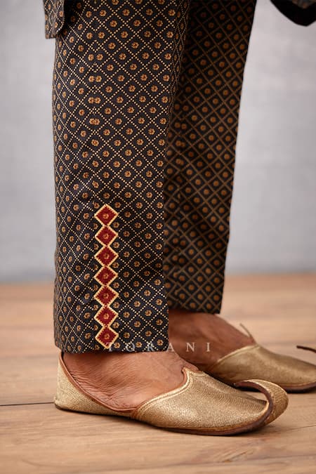 Torani_Black Slub Silk Floral Gulghast Rehan Printed Bundi And Kurta Set  _at_Aza_Fashions