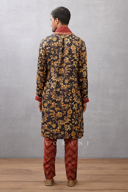 Shop_Torani_Black Slub Silk Floral Gulghast Arham Printed Kurta Set _at_Aza_Fashions
