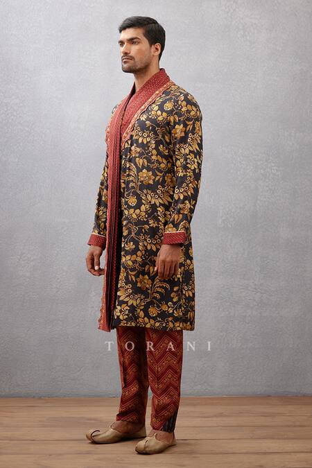Torani_Black Slub Silk Floral Gulghast Arham Printed Kurta Set _Online_at_Aza_Fashions