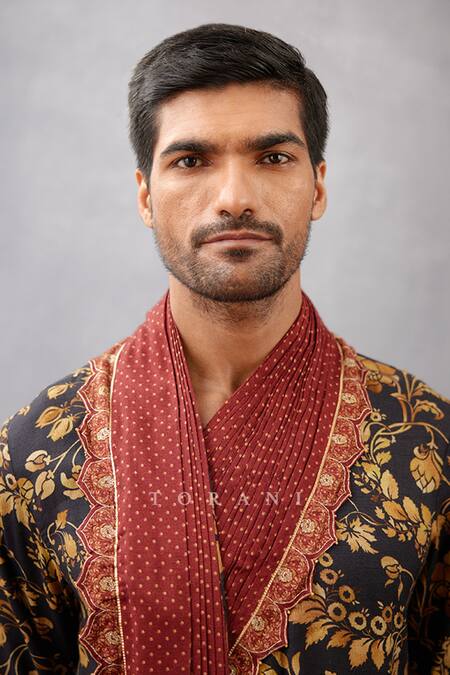 Shop_Torani_Black Slub Silk Floral Gulghast Arham Printed Kurta Set _Online_at_Aza_Fashions