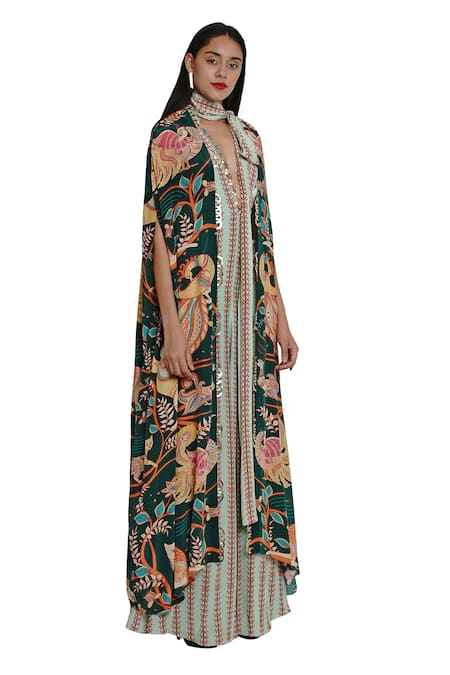 Limerick By Abirr N' Nanki_Green Crepe Asymmetric Printed Cape_Online_at_Aza_Fashions