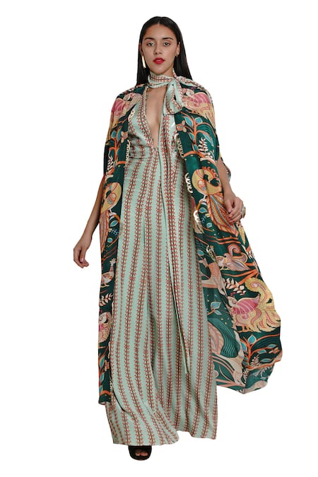 Buy_Limerick By Abirr N' Nanki_Green Crepe Asymmetric Printed Cape_Online_at_Aza_Fashions
