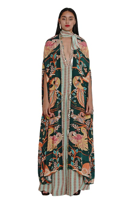 Shop_Limerick By Abirr N' Nanki_Green Crepe Asymmetric Printed Cape_Online_at_Aza_Fashions
