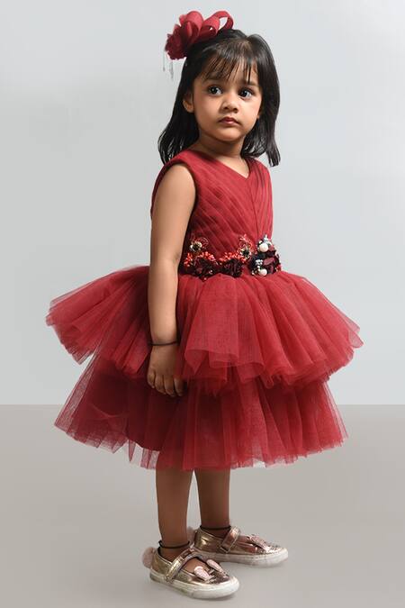Lil Angels_Maroon Cotton, Net, Denim Embellished Dress _Online_at_Aza_Fashions