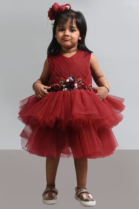 Buy_Lil Angels_Maroon Cotton, Net, Denim Embellished Dress _Online_at_Aza_Fashions