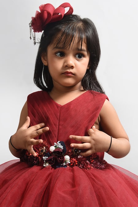 Shop_Lil Angels_Maroon Cotton, Net, Denim Embellished Dress _Online_at_Aza_Fashions