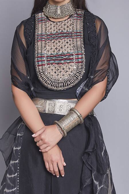 JADE BY MONICA & KARISHMA_Black Organza Round Cape And Pant Set  _Online_at_Aza_Fashions