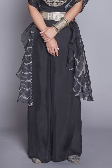 Buy_JADE BY MONICA & KARISHMA_Black Organza Round Cape And Pant Set  _Online_at_Aza_Fashions