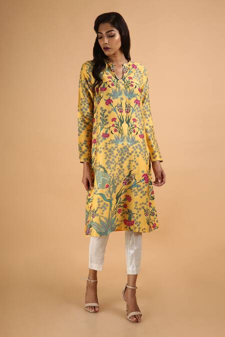 Saksham & Neharicka_Yellow Chanderi Round Kurta _Online_at_Aza_Fashions