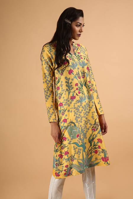 Shop_Saksham & Neharicka_Yellow Chanderi Round Kurta _Online_at_Aza_Fashions