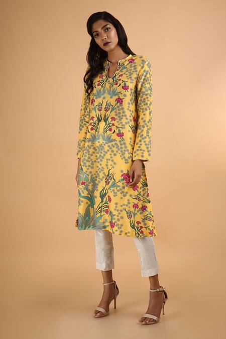 Buy_Saksham & Neharicka_Yellow Chanderi Round Kurta _Online_at_Aza_Fashions