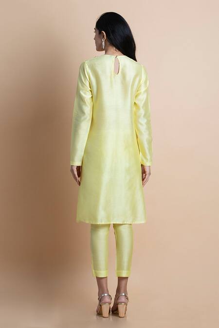 Shop Saksham & Neharicka Yellow Cotton Silk, Handwoven Chanderi Round Kurta at Aza Fashions Shop_Saksham & Neharicka_Yellow Cotton Silk, Handwoven Chanderi Round Kurta _at_Aza_Fashions