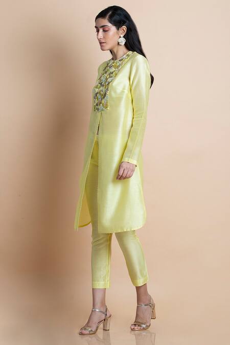 Buy Saksham & Neharicka Yellow Cotton Silk, Handwoven Chanderi Round Kurta Online at Aza Fashions Buy_Saksham & Neharicka_Yellow Cotton Silk, Handwoven Chanderi Round Kurta _Online_at_Aza_Fashions