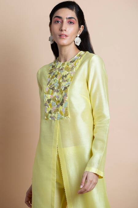 Shop Saksham & Neharicka Yellow Cotton Silk, Handwoven Chanderi Round Kurta Online at Aza Fashions Shop_Saksham & Neharicka_Yellow Cotton Silk, Handwoven Chanderi Round Kurta _Online_at_Aza_Fashions