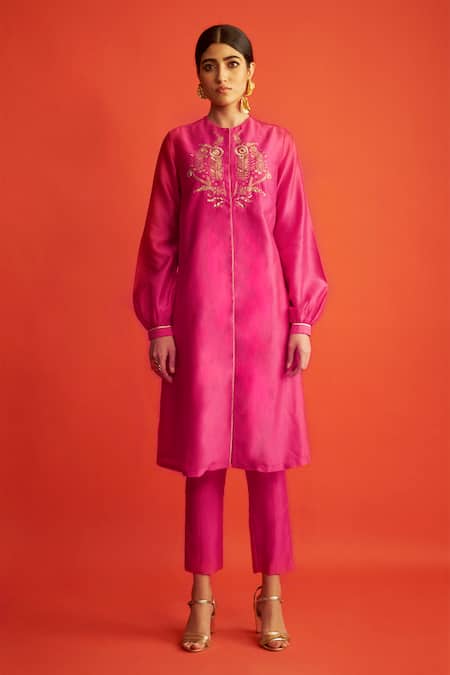 Shop Saksham & Neharicka Pink Pure Handwoven Chanderi Round Kurta Online at Aza Fashions Shop_Saksham & Neharicka_Pink Pure Handwoven Chanderi Round Kurta _Online_at_Aza_Fashions