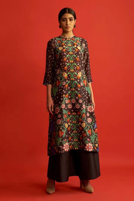 Buy Saksham & Neharicka Black Chanderi Cotton Silk Round Printed Kurta Online at Aza Fashions Buy_Saksham & Neharicka_Black Chanderi Cotton Silk Round Printed Kurta _Online_at_Aza_Fashions
