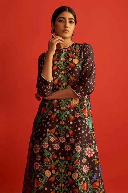 Shop Saksham & Neharicka Black Chanderi Cotton Silk Round Printed Kurta Online at Aza Fashions Shop_Saksham & Neharicka_Black Chanderi Cotton Silk Round Printed Kurta _Online_at_Aza_Fashions