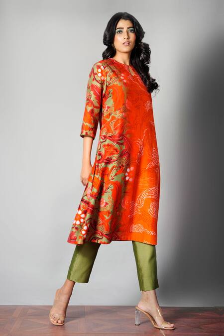Saksham & Neharicka_Red Chanderi Round Printed Kurta _Online_at_Aza_Fashions